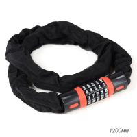 Велозамок R-LOCK CHAIN кодовый, 5 разрядов, 1200мм, стальная цепь, толщина звеньев 6мм, чёрный/красн, 709134