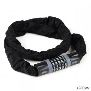 Велозамок кодовый KRYPTON, 5 разрядов, 1200мм, стальная цепь, толщина звеньев 6мм, чёрный/серый, ВЛ-00035657